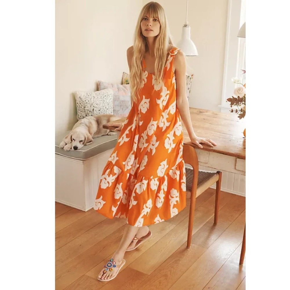 Anthropologie x Exquise Orange Phoebe Flounced Maxi Dress Size Medium